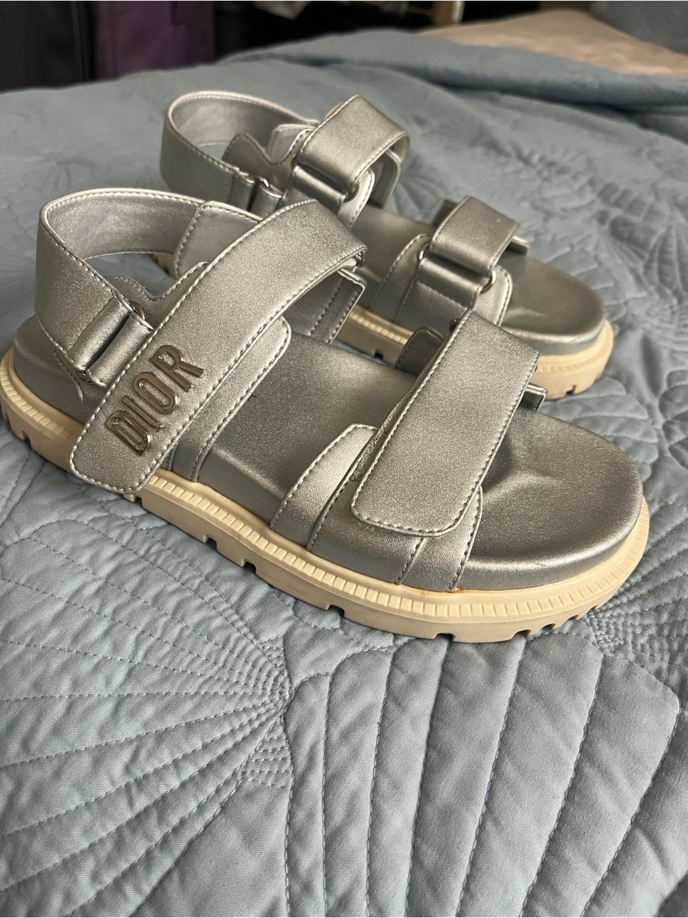 Dior Silver Metallic Velcro Strap Sandals with Beige Sole